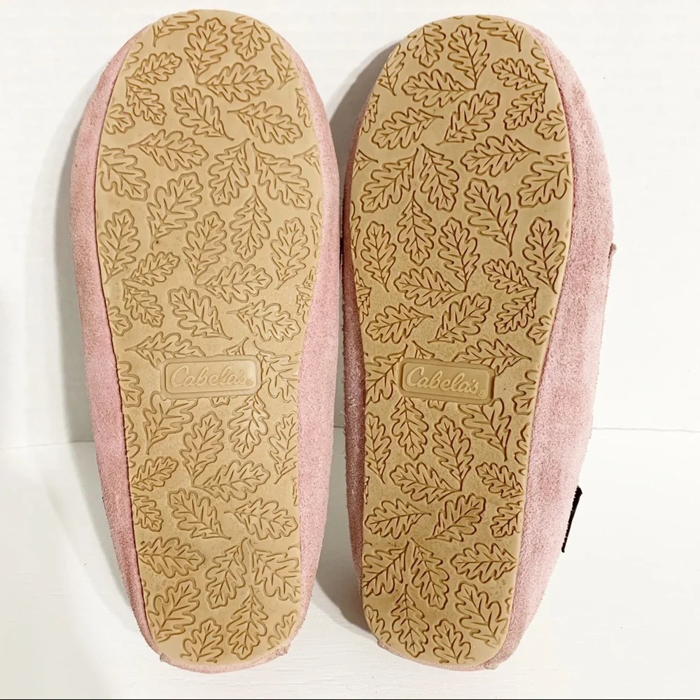 Cabela’s Pink Suede Moccasin Slippers with Faux Shearling Lining Leather Laces